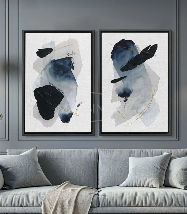 Cuadro abstracto de plumas en azul y negro — díptico minimalista Massinart