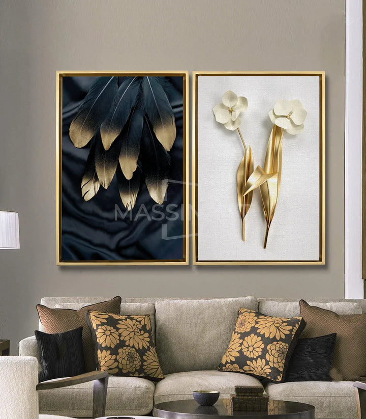 Cuadro Plumas Doradas panel derecho — flores blancas con tallos dorados sobre fondo claro, decoración elegante, Massinart
