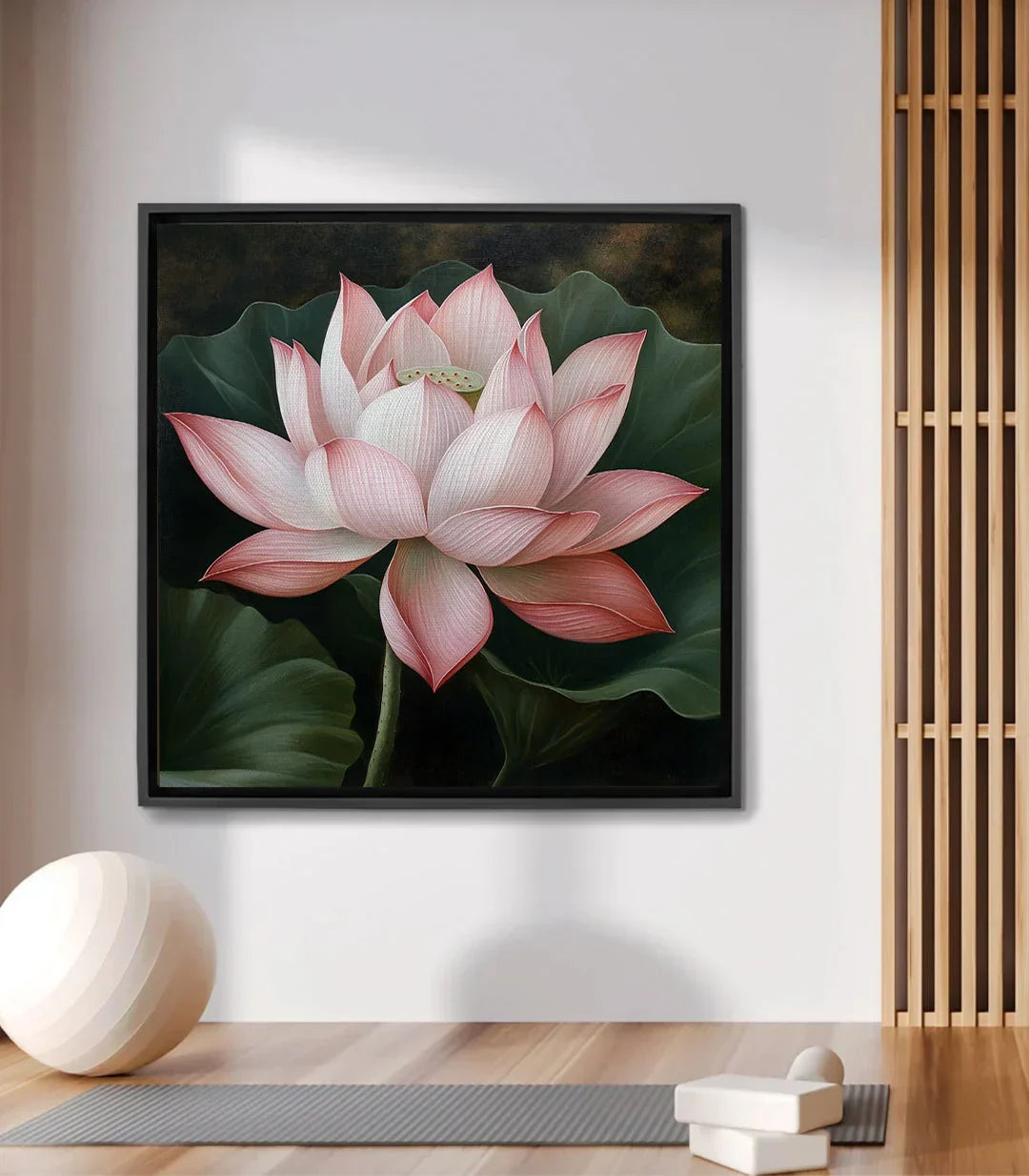 Cuadro flor de loto rosa con follaje verde, estilo realista botánico — Massinart