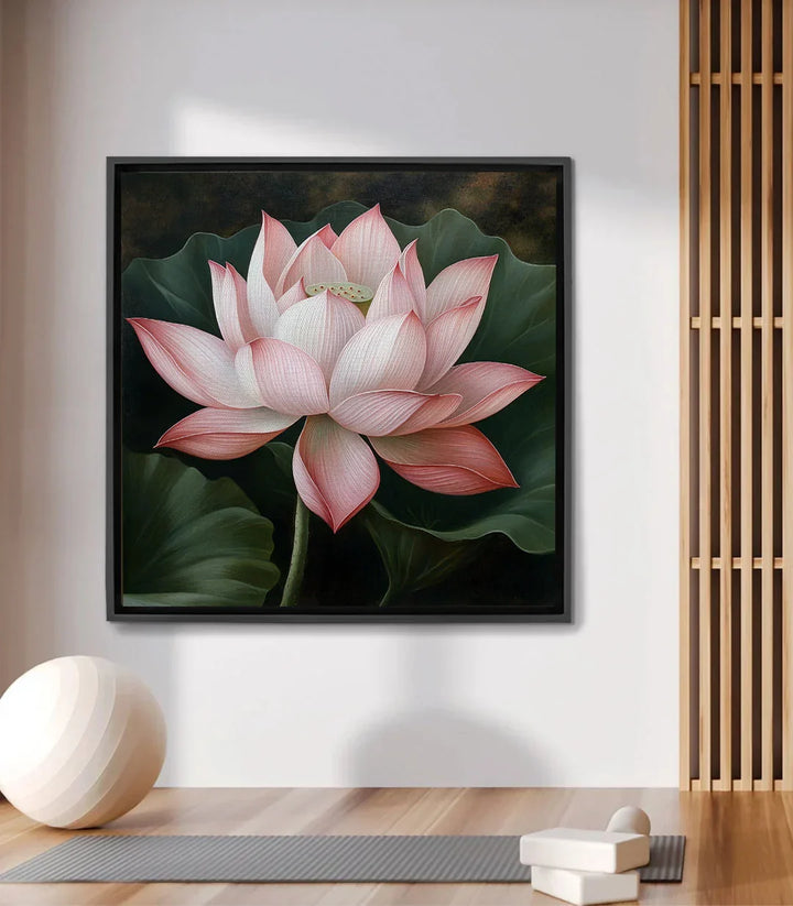 Cuadro flor de loto rosa con follaje verde, estilo realista botánico — Massinart