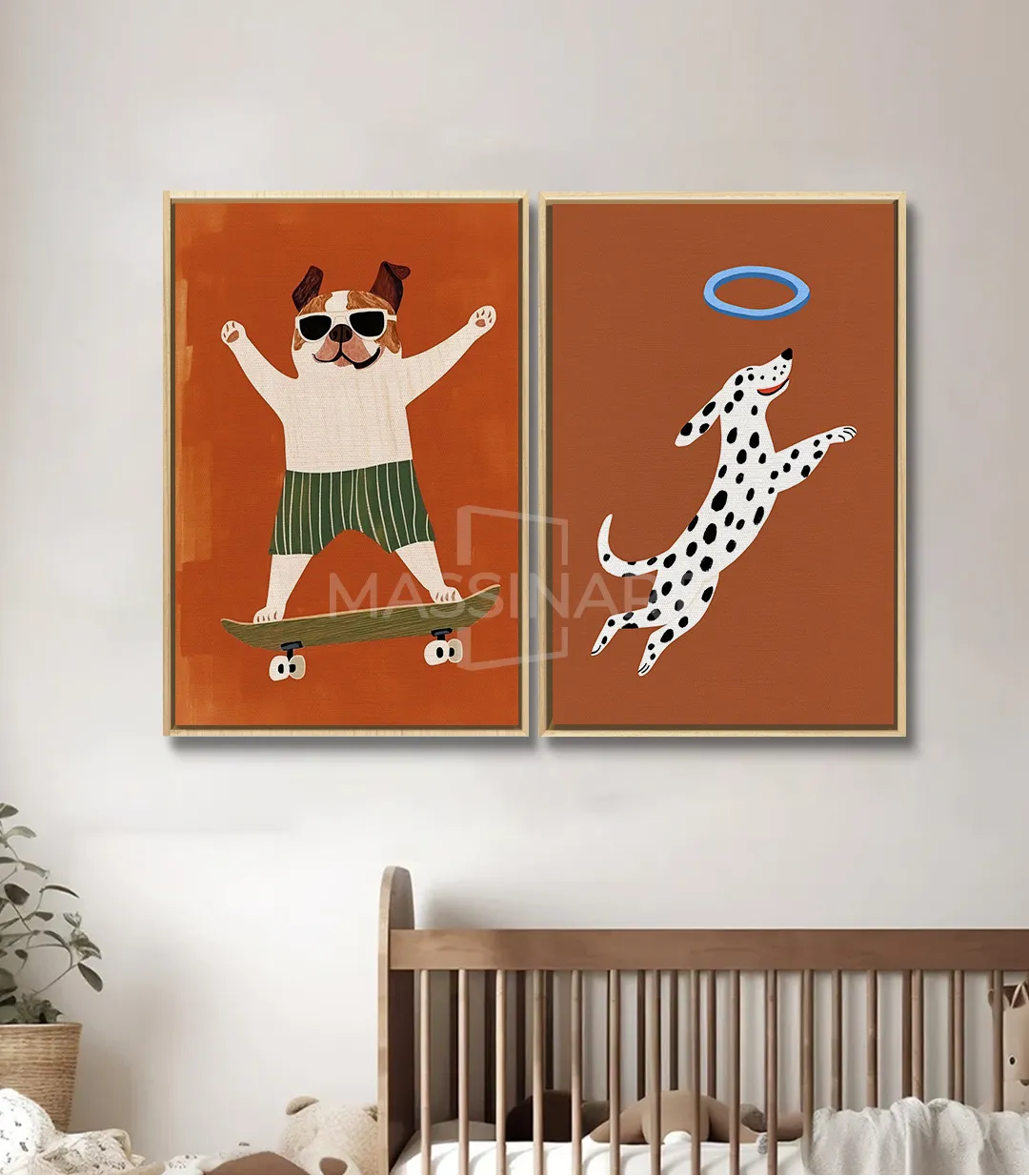Ambientación salón — díptico Joyful Paws enmarcado en negro sobre pared blanca encima de una cómoda