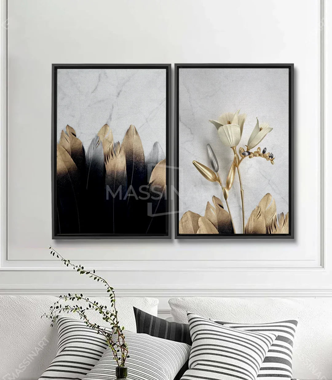 Cuadro Songe díptico — flores botánicas secas en beige y negro sobre fondo marmolado | Massinart