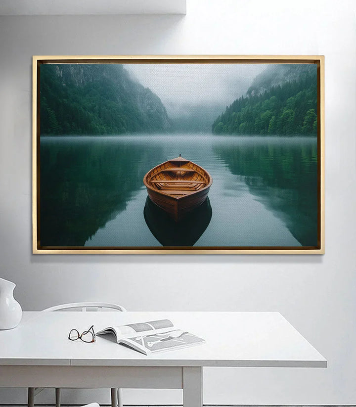 Ambiente The Quiet Float — cuadro paisaje lago colgado sobre escritorio blanco minimalista, Massinart