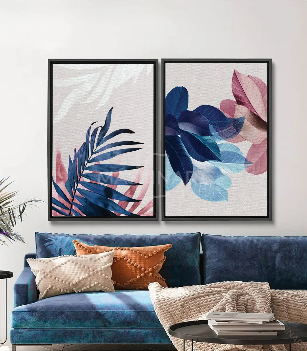 Cuadro Botanical Leaves díptico — hojas azul y rosa, acuarela minimalista, Massinart