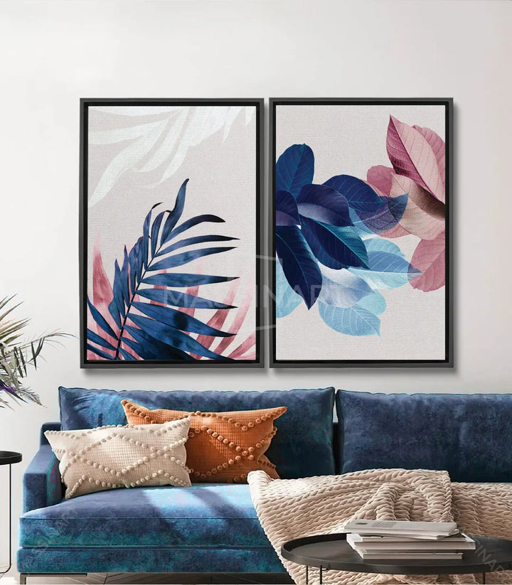 Cuadro Botanical Leaves díptico — hojas azul y rosa, acuarela minimalista, Massinart