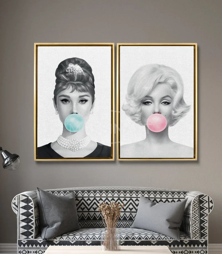 Cuadro retrato Marilyn con burbuja de chicle rosa negro y blanco estilo pop-art Massinart