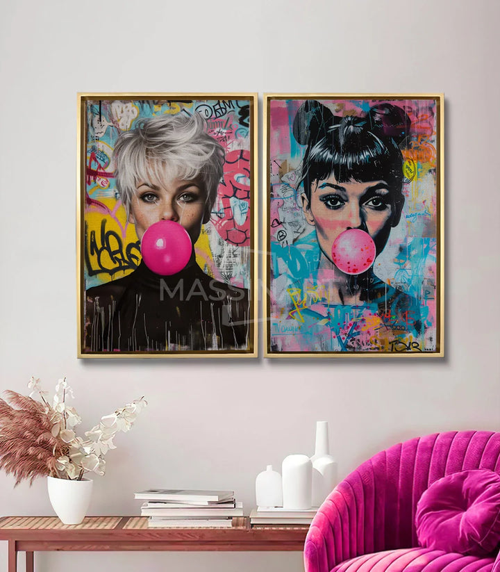 Cuadro Bubble Icons díptico — decoración de salón moderno con dos retratos pop-art enmarcados, Massinart