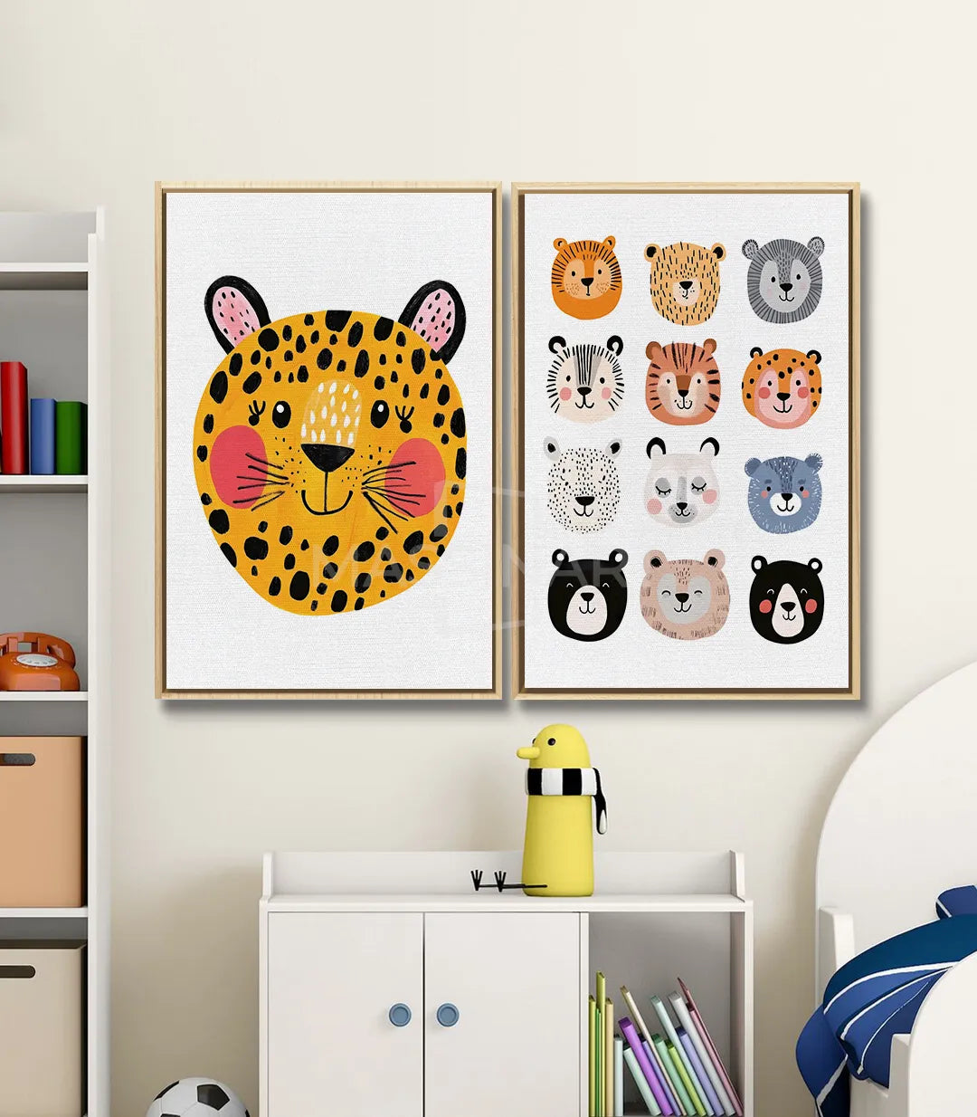Cuadro Furry Faces díptico derecho — 12 caras de animales coloridos (león, oso, tigre, panda, mapache), ilustración infantil