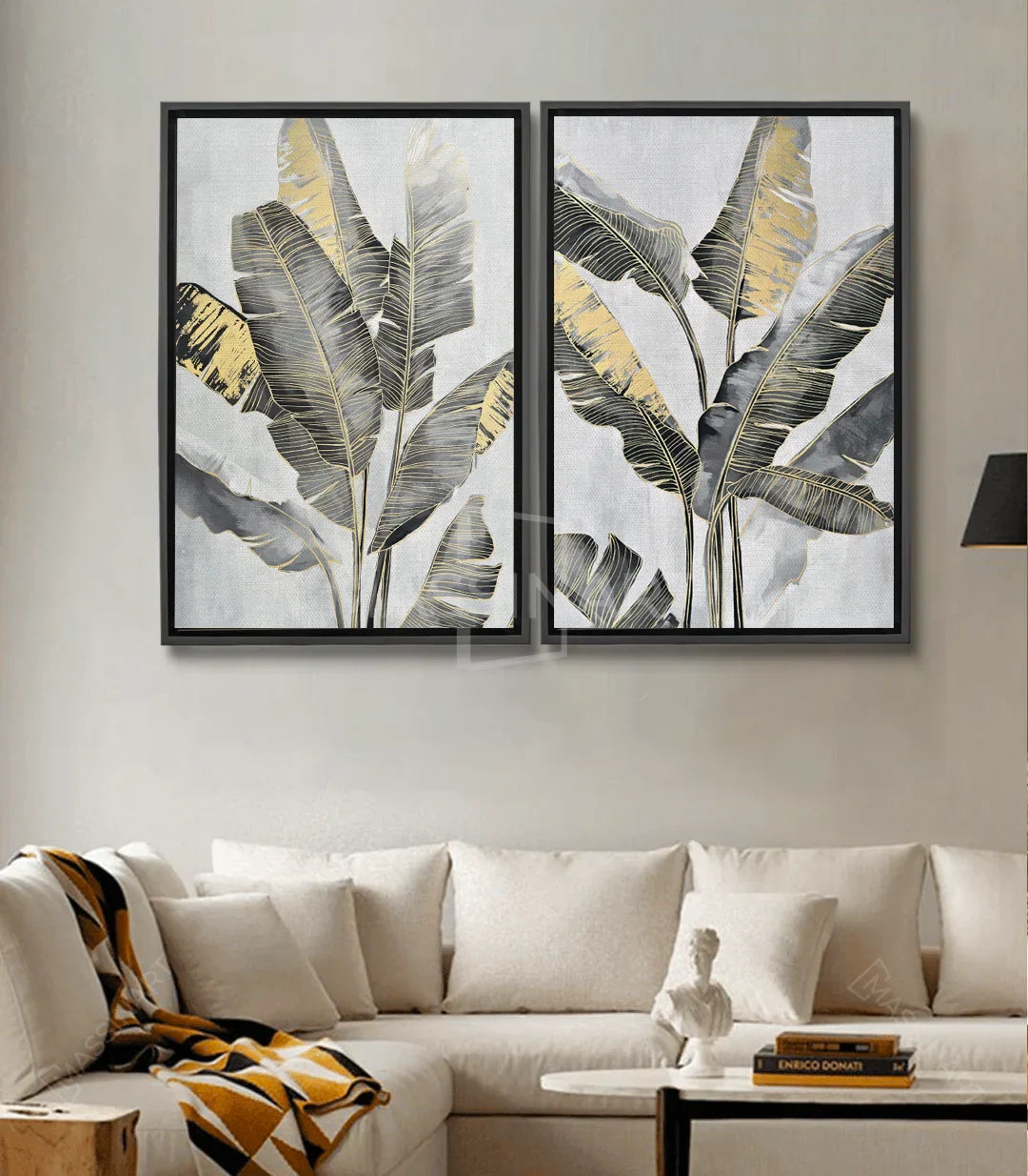 Cuadro hojas de bananero dorado — detalle de nervaduras en gris, dorado y blanco, estilo minimalista