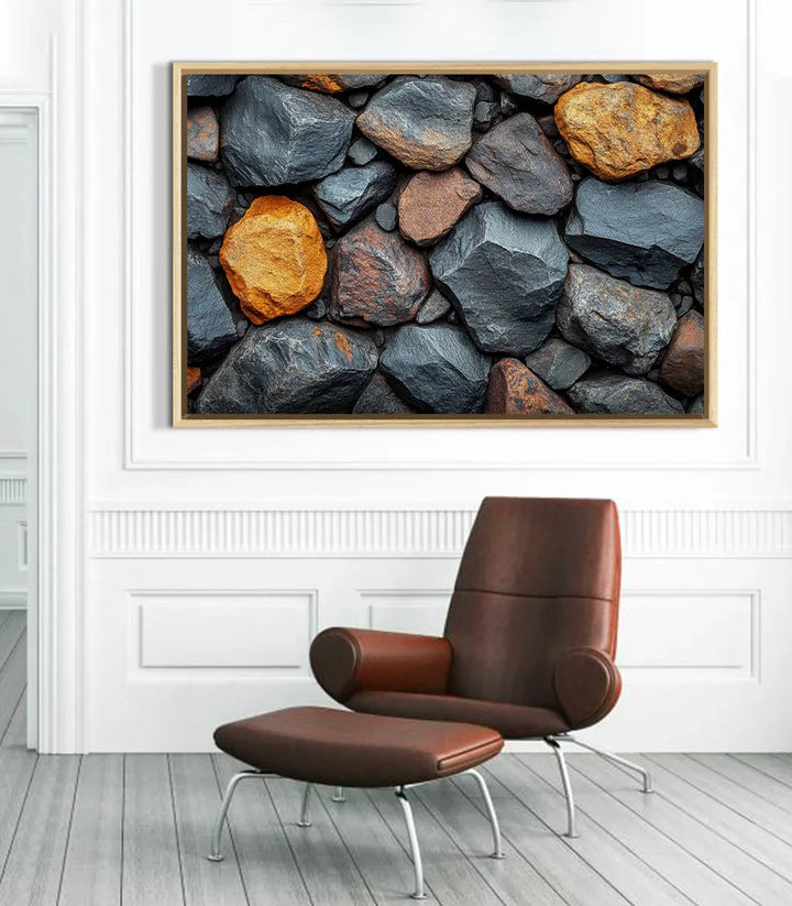 Detalle textura piedras — cuadro Rock Balance Massinart, rocas apiladas en tonos naturales