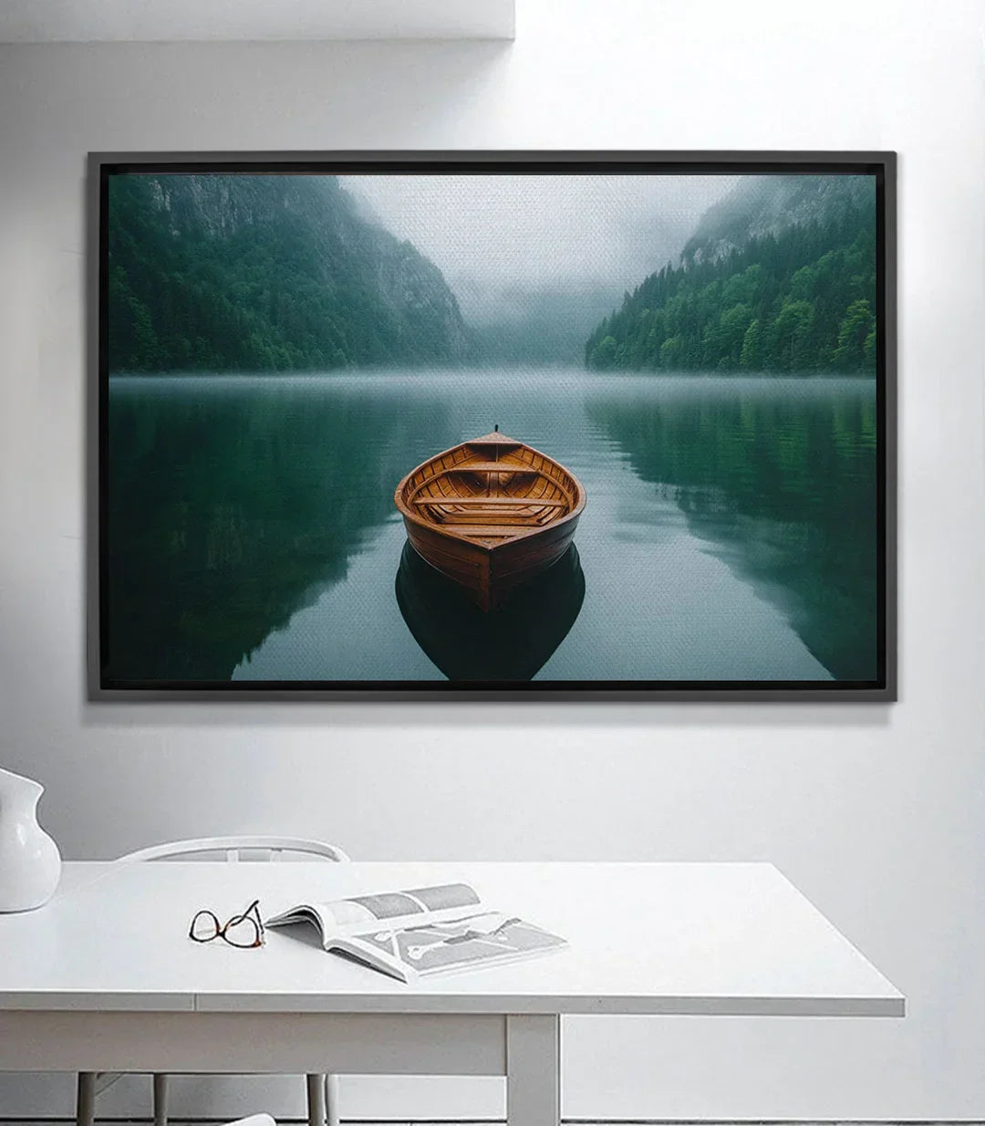 Cuadro The Quiet Float — barca de madera sobre lago tranquilo rodeado de montañas, tonos verdes y azules, Massinart