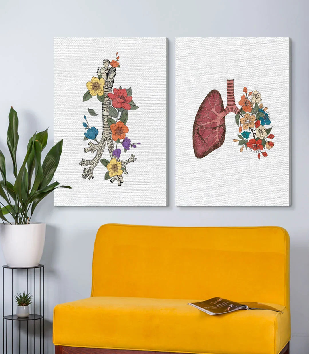 Ambientación salón moderno — Díptico anatomía floral sobre pared, Massinart