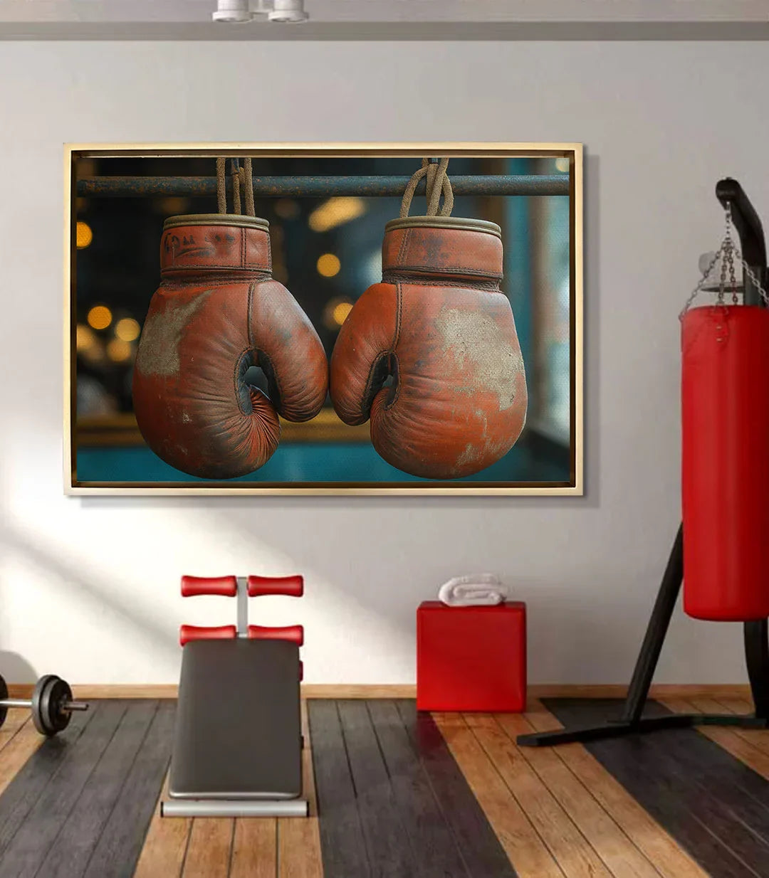 Cuadro guantes de boxeo Massinart — ambientación en sala de deporte moderna