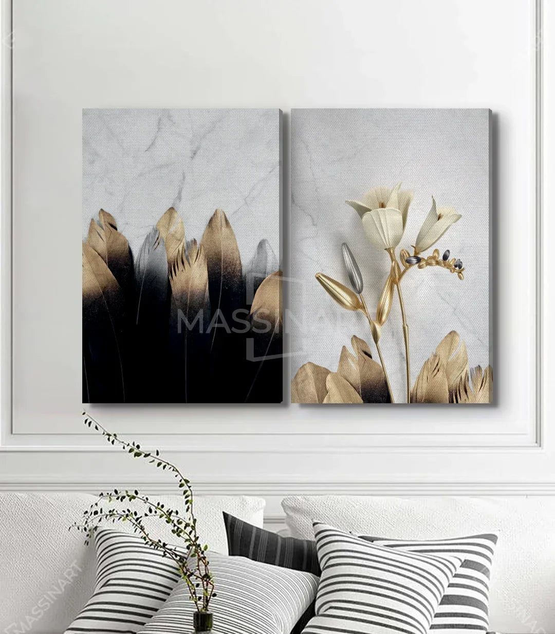 Cuadro Songe díptico — detalle floral beige y gris con hojas secas | Massinart