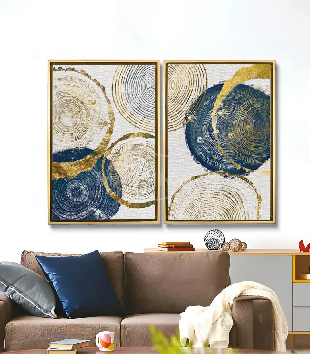 Cuadro Wooden Stump díptico en salón moderno — pared blanca decoración minimalista Massinart