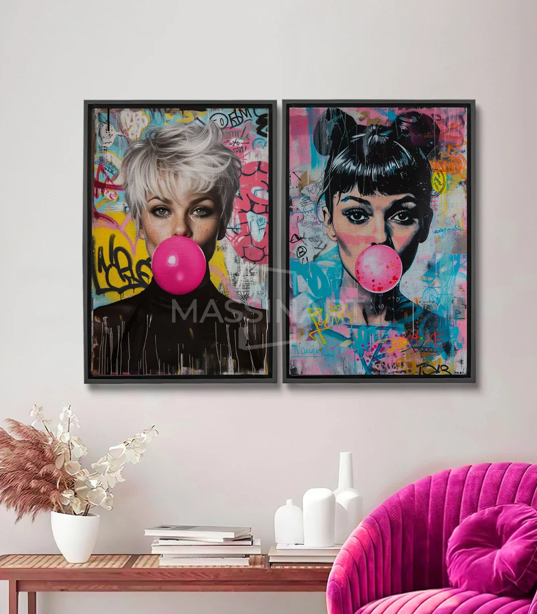 Cuadro Bubble Icons díptico — mujer con cabello gris y chicle rosa sobre fondo street-art colorido, Massinart