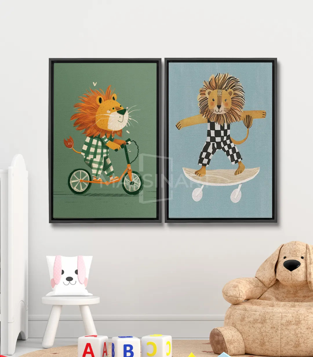 Cuadro león en bici verde — ilustración infantil colorida Massinart