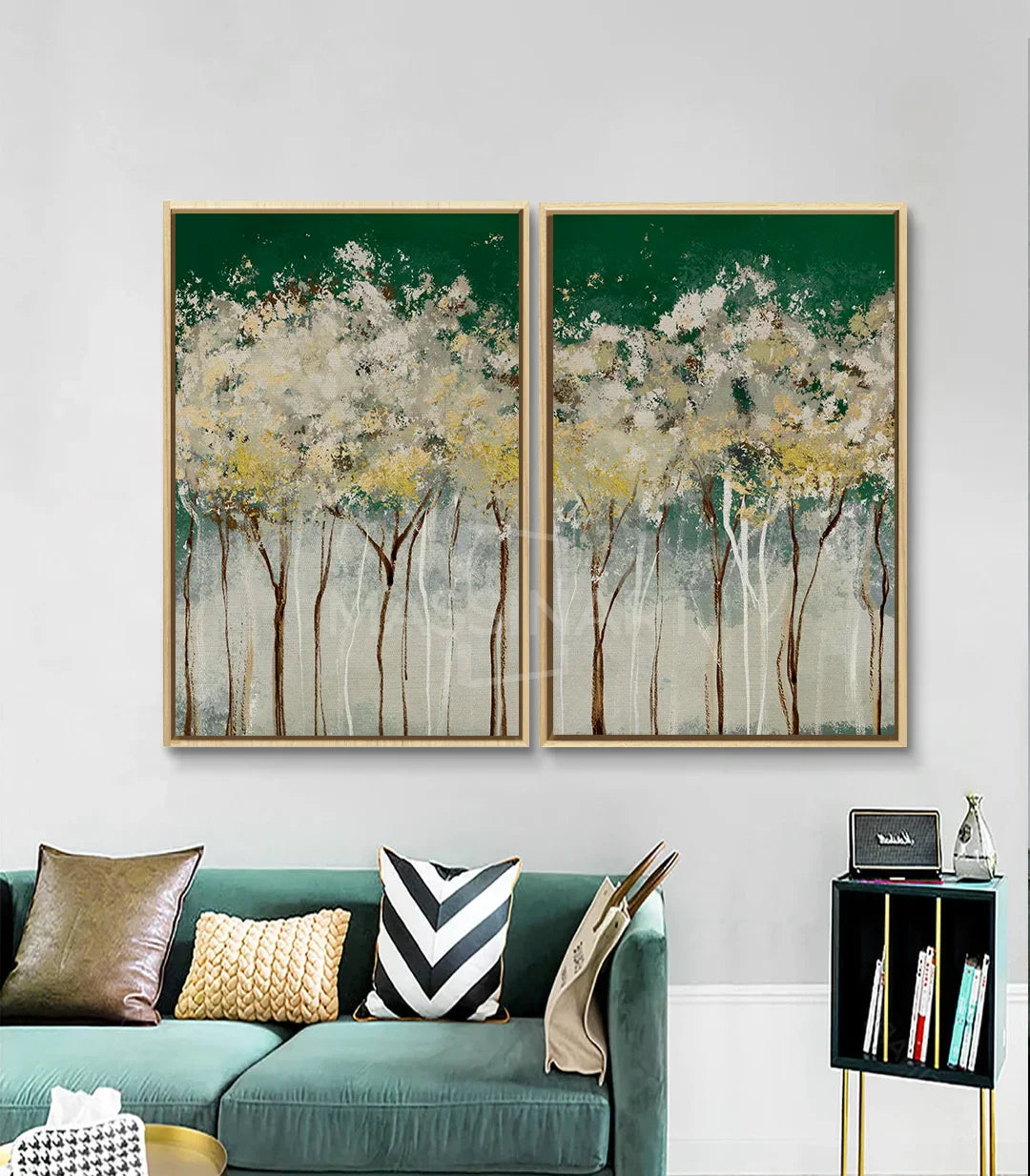 Díptico Happiness Tree en pared blanca, decoración interior minimalista, Massinart