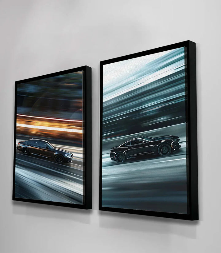 Par de cuadros de coche negro en velocidad, decoración mural moderna, Massinart