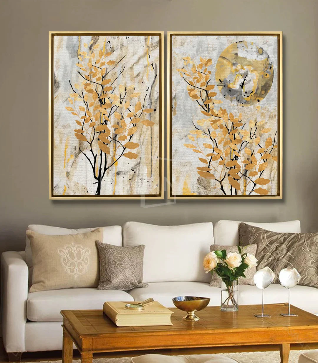 Díptico decorativo hojas y luna nocturna para salón Massinart