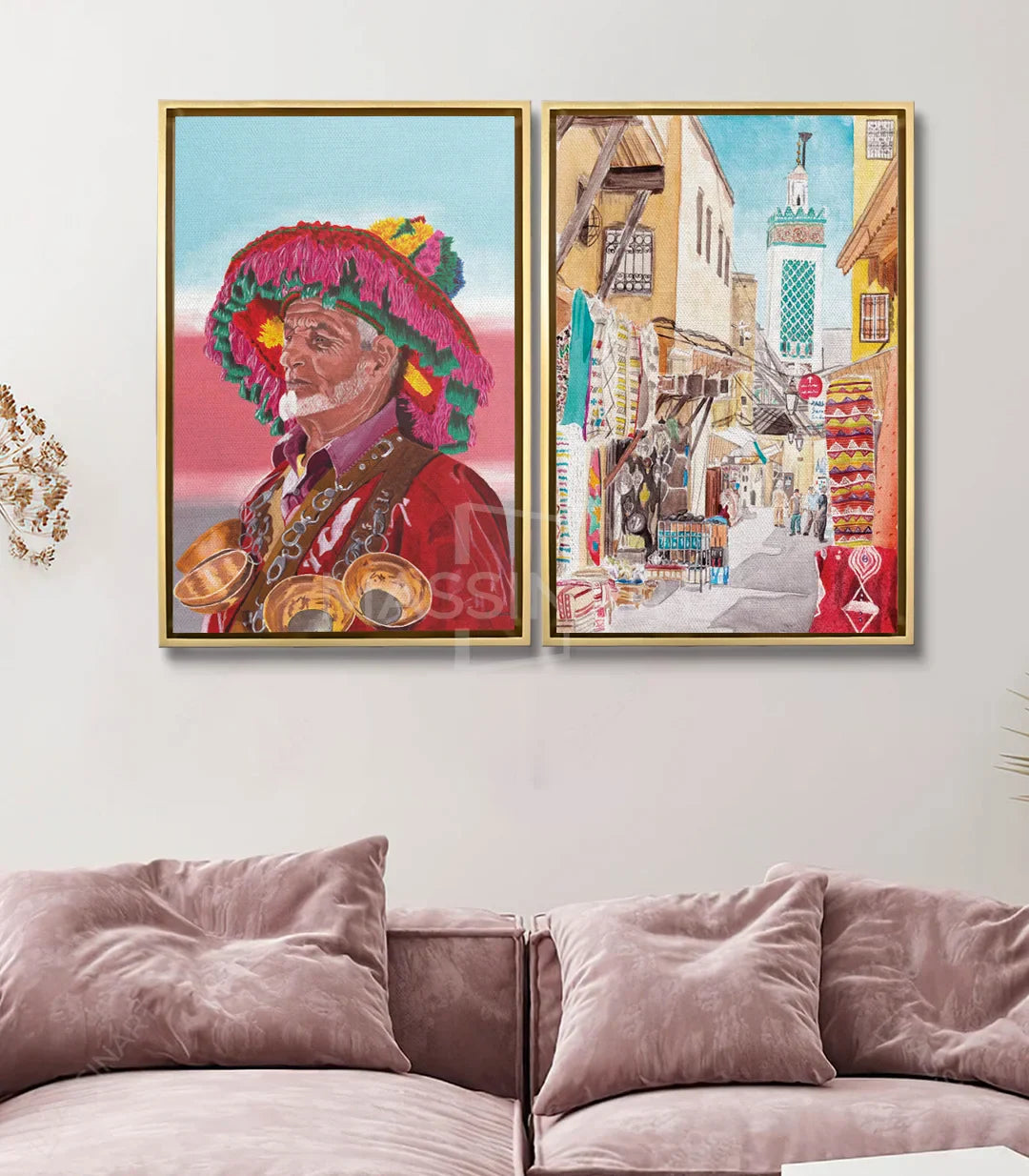 Cuadro díptico Marrakech Massinart — ambientación en salón de inspiración oriental moderno
