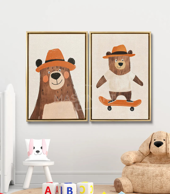 Díptico oso en skateboard ambientado en habitación infantil Massinart