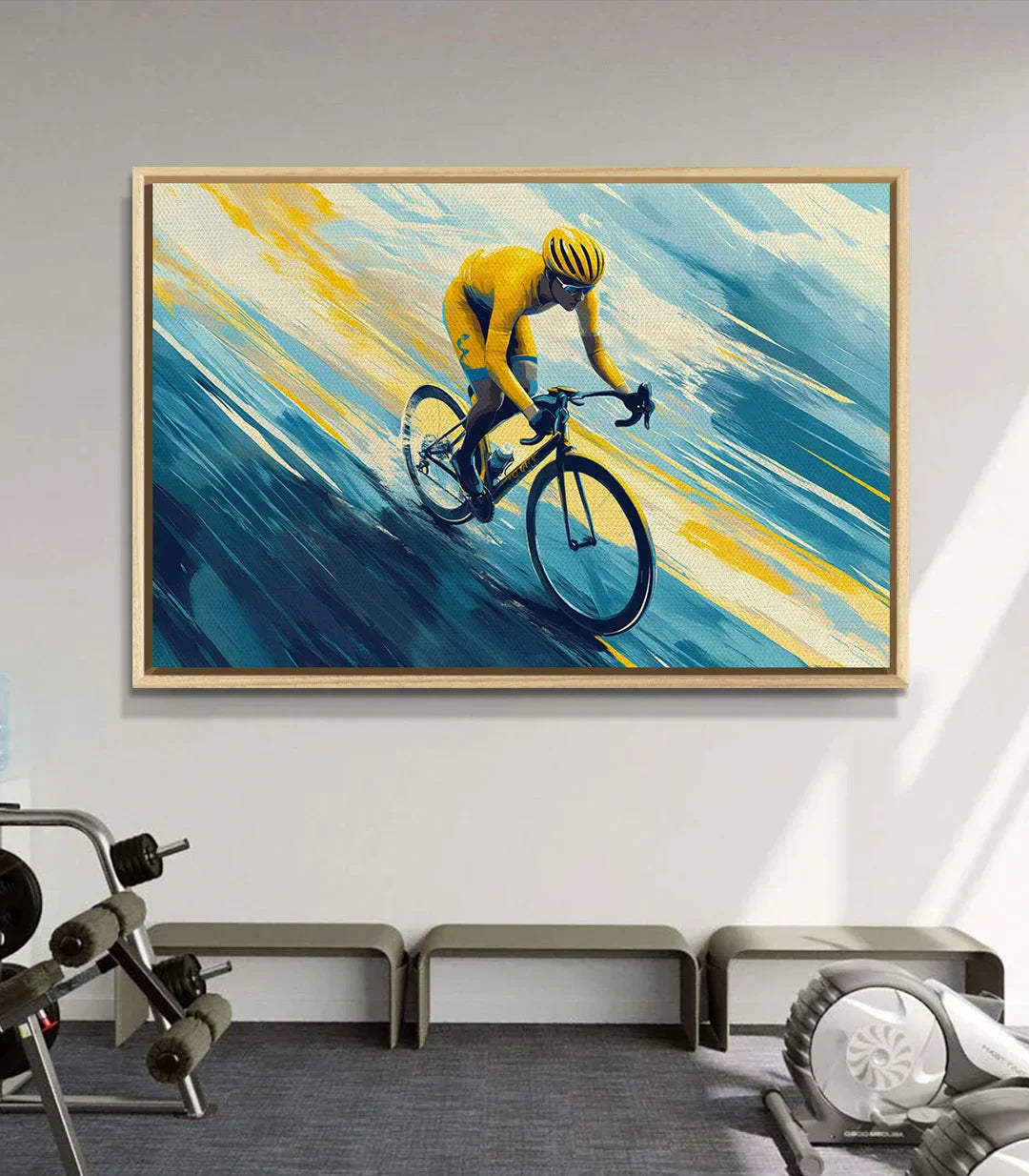 Cuadro Golden Ride en oficina — arte mural deportivo para espacios de trabajo creativos