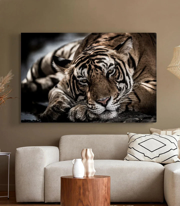 Cuadro tigre naturaleza photo-art en salón contemporáneo — lienzo blanco y negro, Massinart
