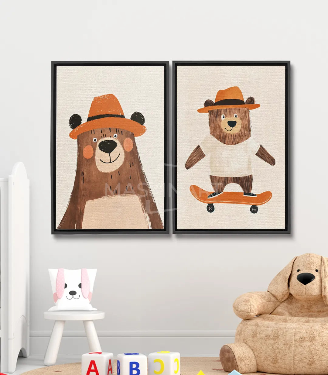 Cuadro oso cowboy con sombrero naranja díptico decoración infantil Massinart