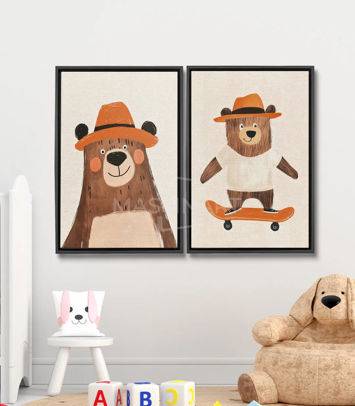 Cuadro oso cowboy con sombrero naranja díptico decoración infantil Massinart