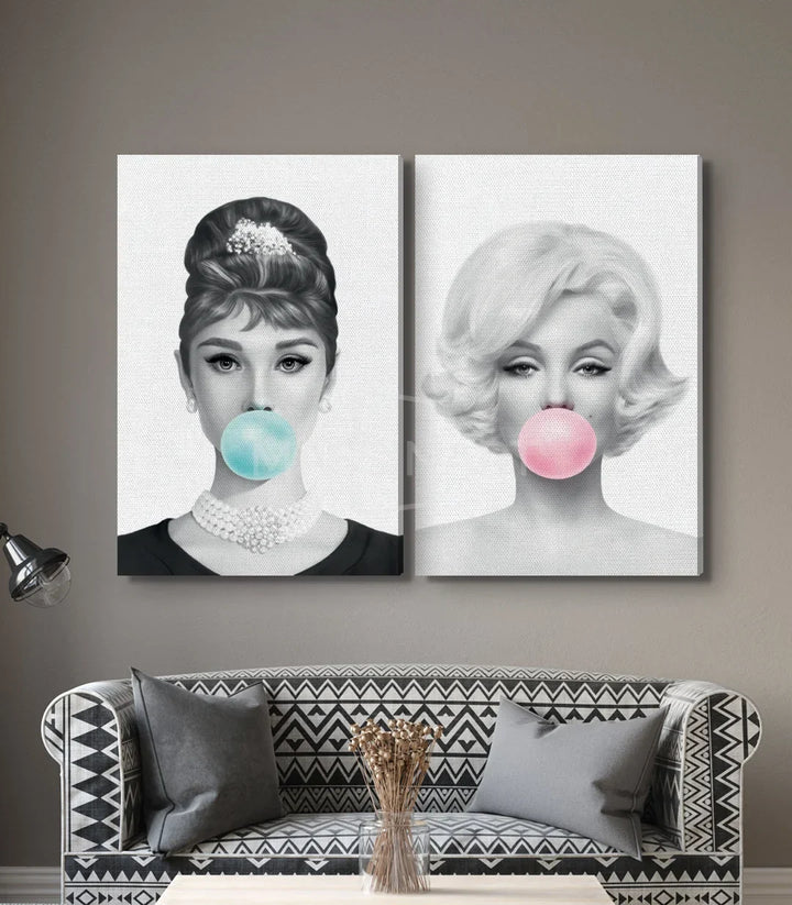 Decoración interior con díptico de retratos pop-art burbuja de chicle Massinart