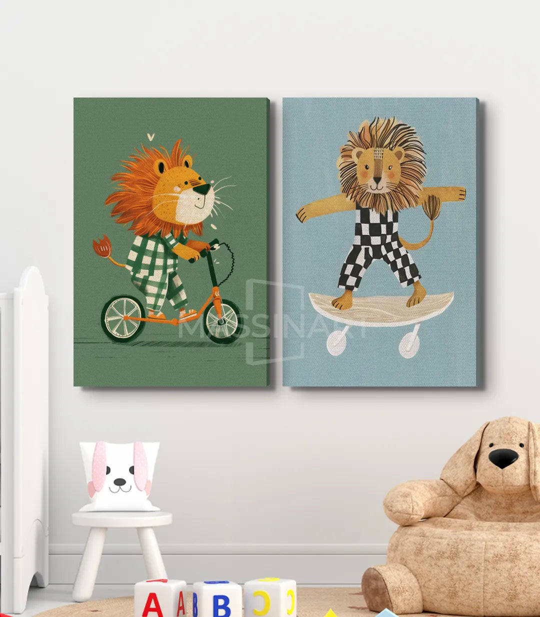 Detalle del díptico Skater King — ilustración de animales Massinart