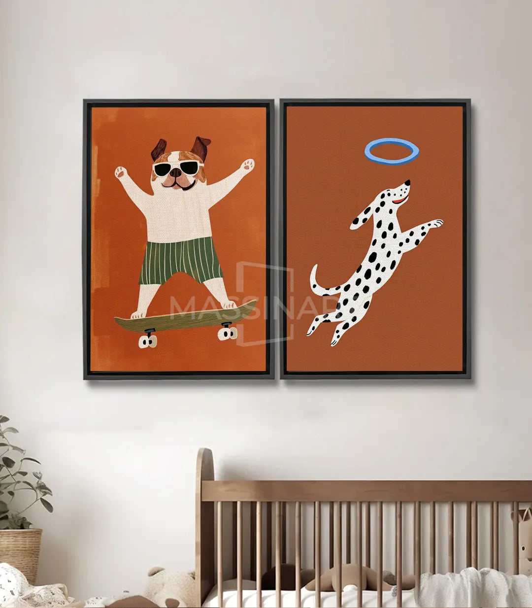 Cuadro Joyful Paws díptico — bulldog blanco con gafas de sol sobre monopatín verde, fondo naranja