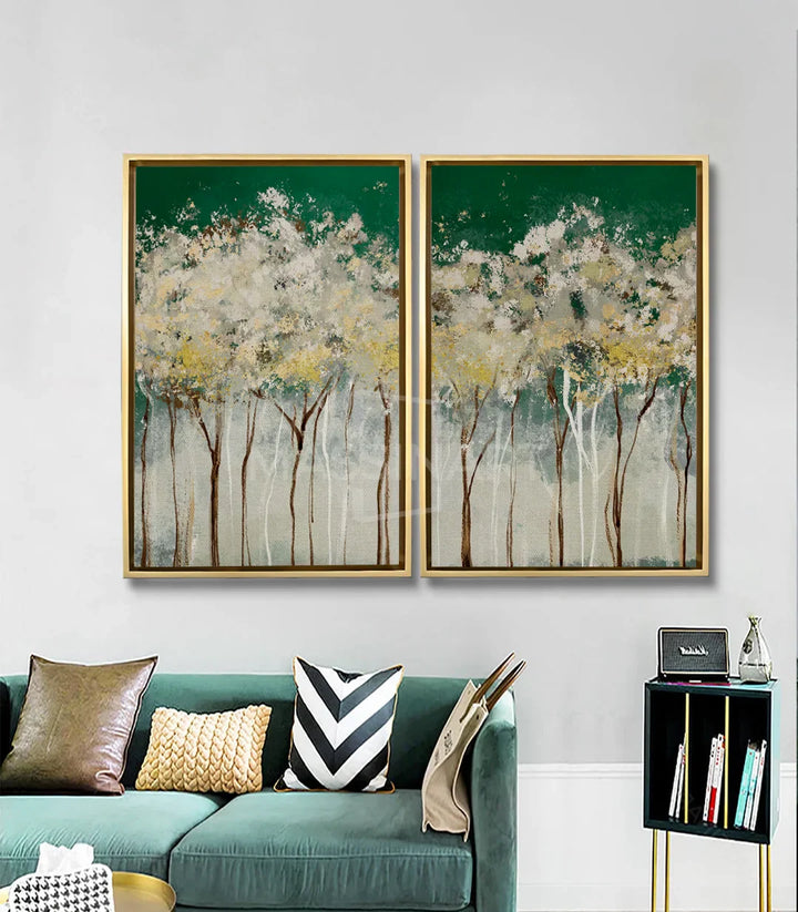 Cuadro Happiness Tree en salón moderno sobre sofá verde, decoración de pared contemporánea, Massinart