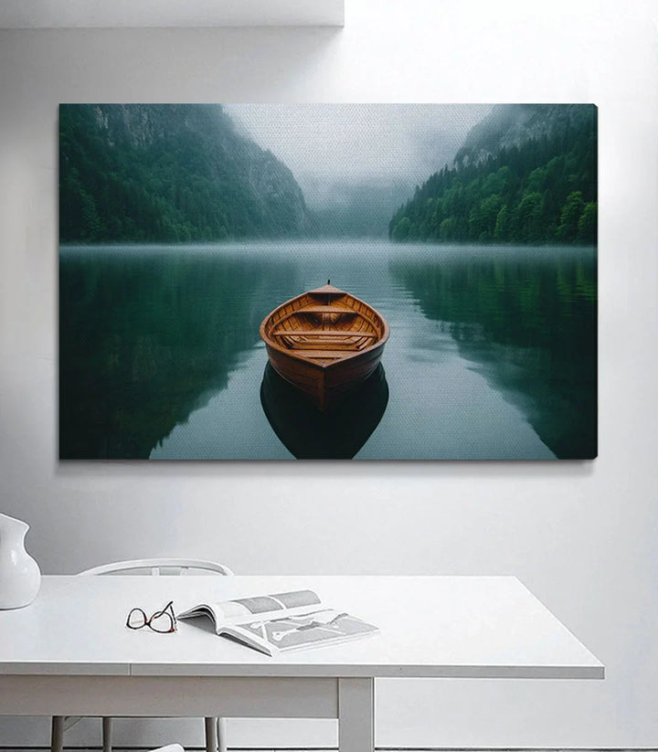 Cuadro paisaje The Quiet Float — composición zen con barca y montaña para decoración de interiores, Massinart