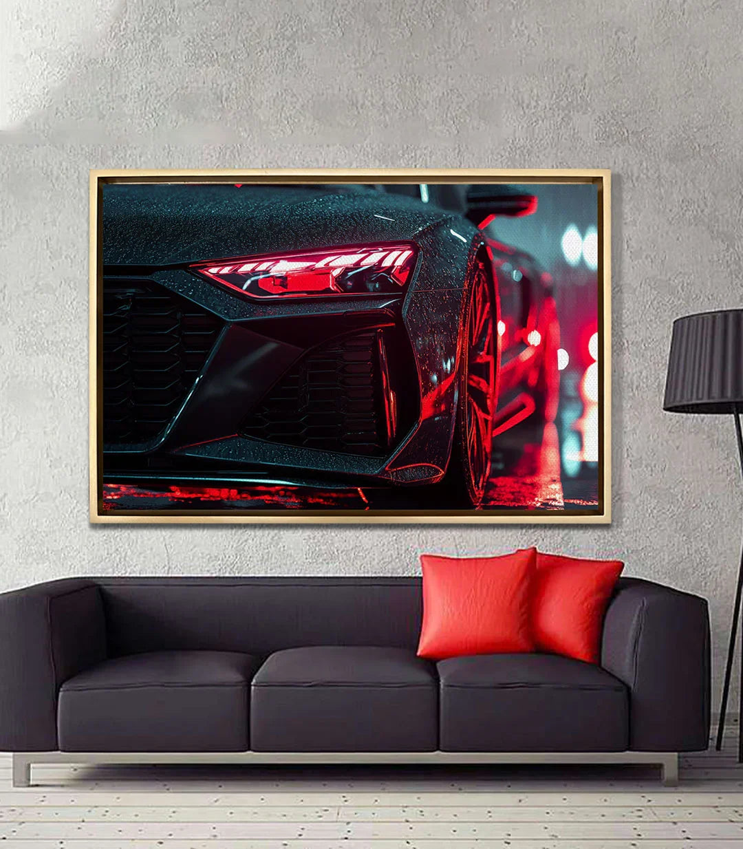 Cuadro Bold Light en salón moderno negro y rojo Massinart
