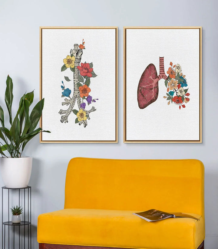 Cuadro Botanic Lungs díptico — Pulmón rosa con flores margarita, decoración pared Massinart