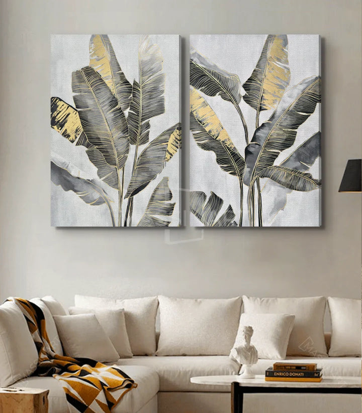Cuadro decorativo Banana Leaves — díptico hojas de bananero dorado y gris