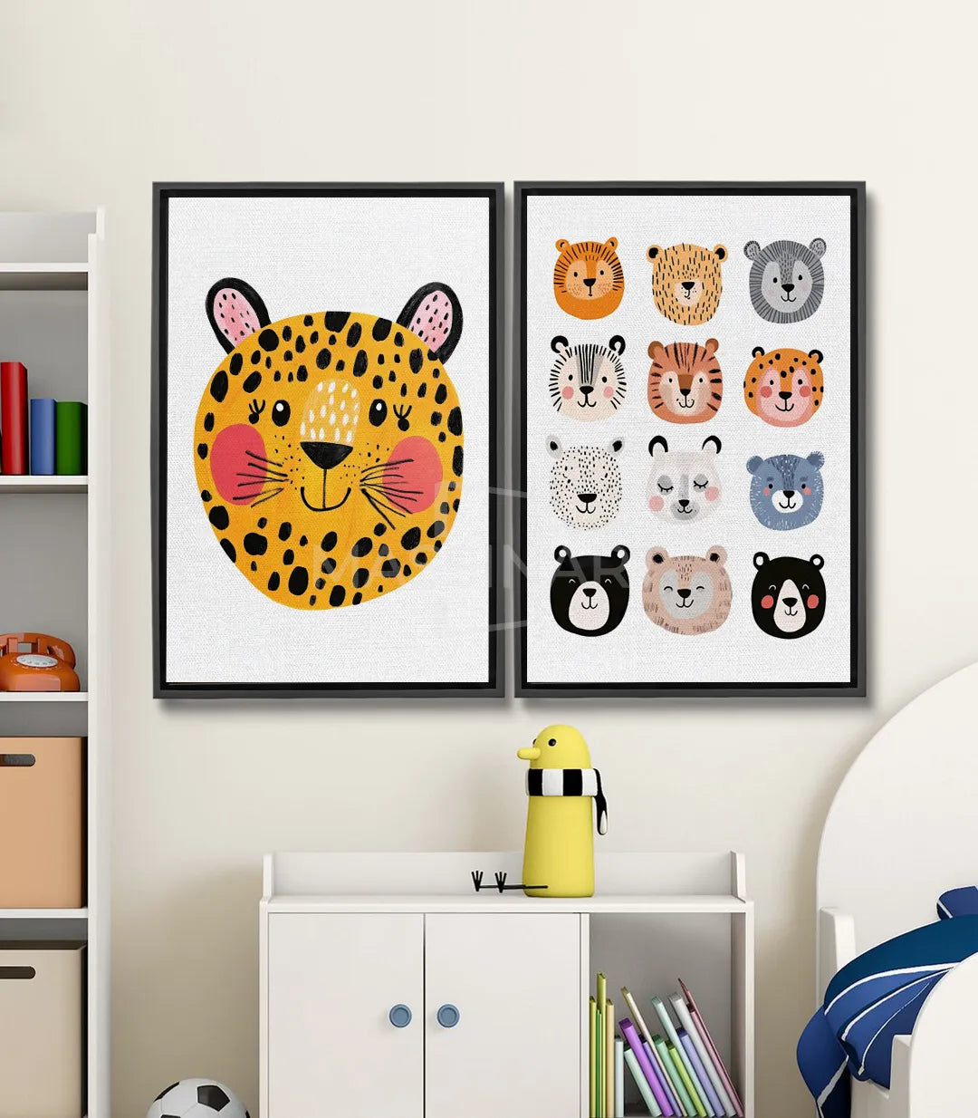 Cuadro Furry Faces díptico izquierdo — leopardo amarillo con manchas negras y mejillas rosas, ilustración infantil expresiva, Massinart