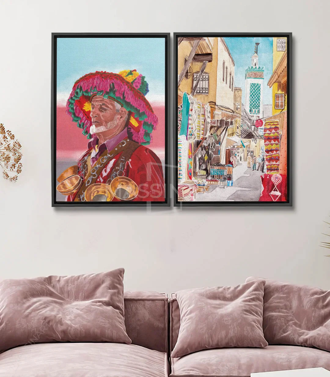 Cuadro retrato hombre marroquí Marrakech — vestimenta roja, fondo rosa cielo, estilo figurativo contemporáneo
