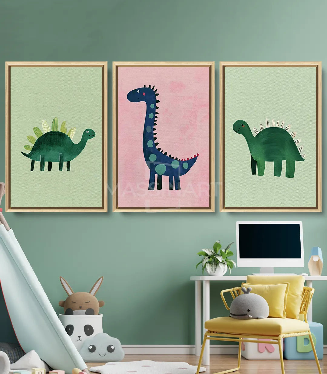 Cuadro dinosaurio anquilosaurio verde salvia fondo claro ilustración infantil Massinart