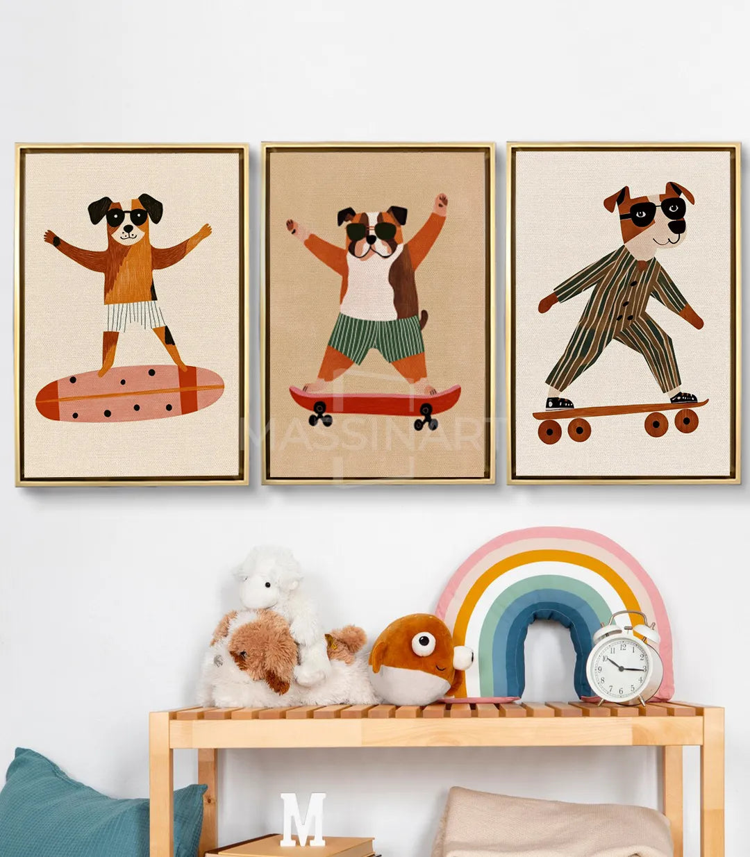 Cuadro Puppy Skaters tríptico — tres perritos en monopatín, ilustración decorativa infantil Massinart