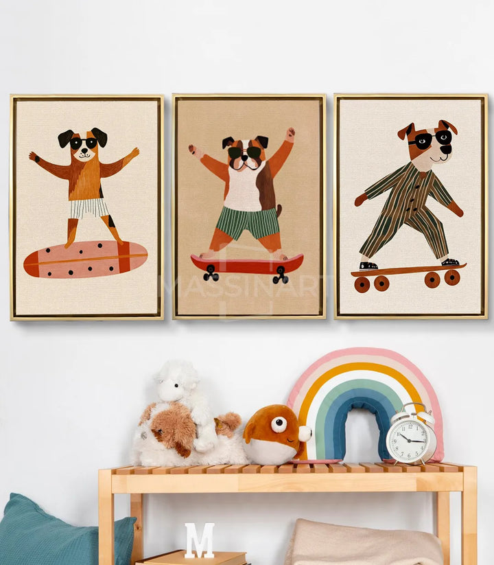 Cuadro Puppy Skaters tríptico — tres perritos en monopatín, ilustración decorativa infantil Massinart