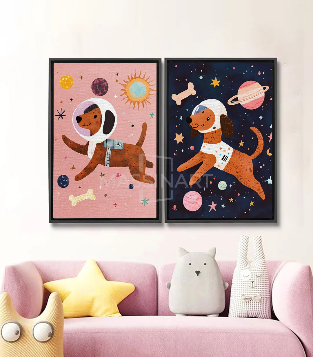 Cuadro Astro Dogs díptico con perro astronauta sobre fondo rosa y planetas de colores — Massinart