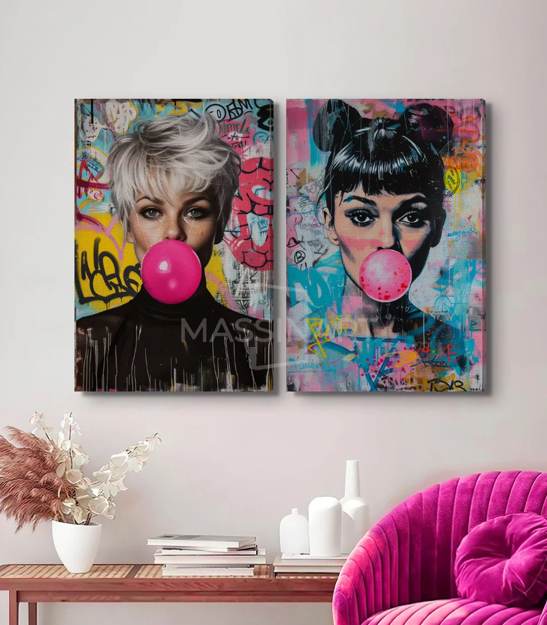 Cuadro Bubble Icons díptico — decoración de centro de belleza con mujeres pop-art y chicle, Massinart
