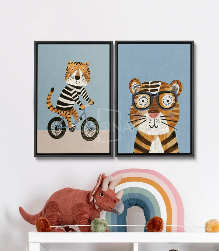 Cuadro Tiger Ride díptico — tigre en bicicleta y tigre con gafas de sol, ilustraciones coloridas Massinart