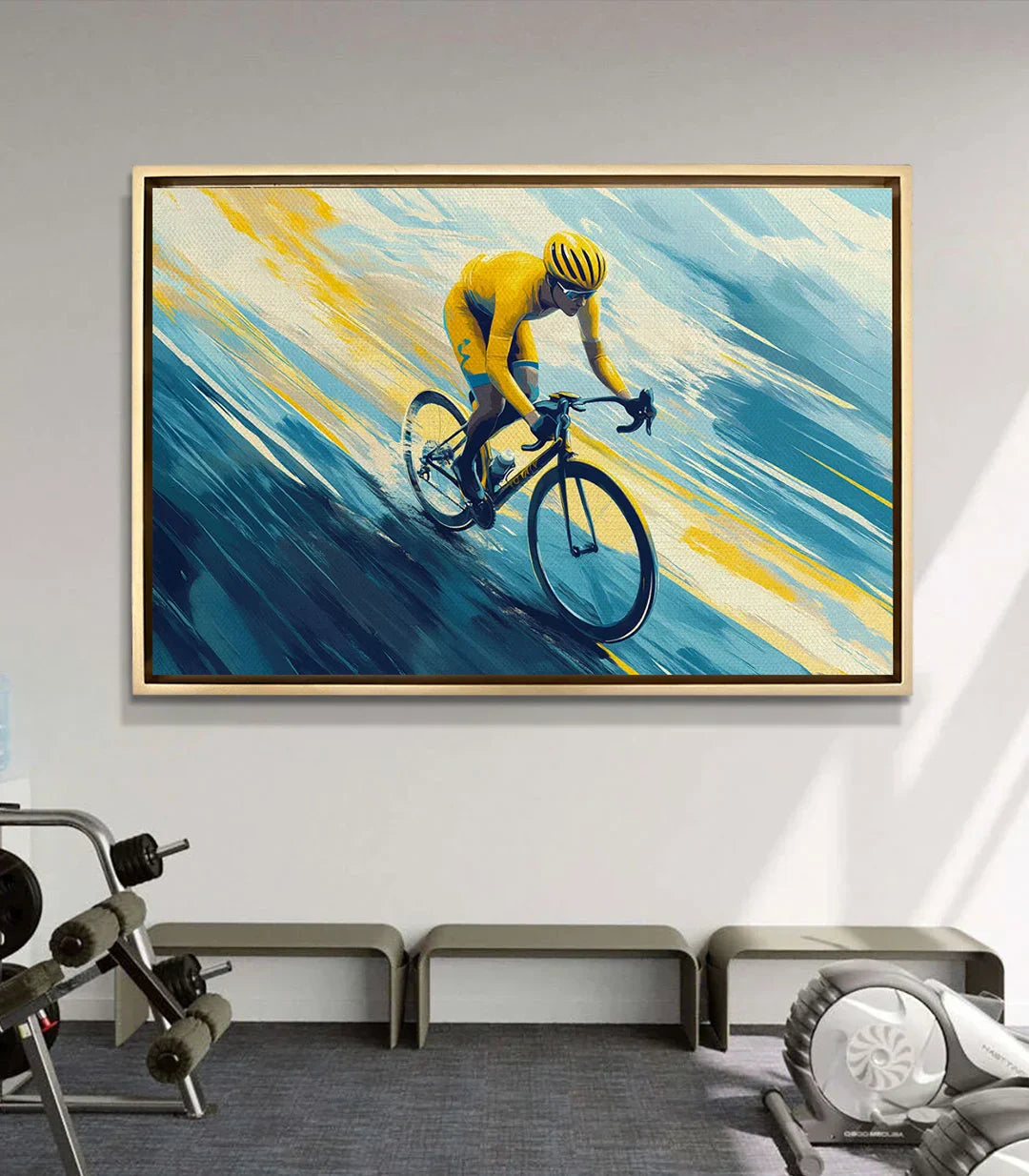 Cuadro Golden Ride en sala de deporte — decoración mural moderna con temática ciclista