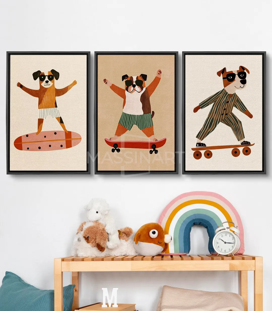 Cuadro Puppy Skaters tríptico — cachorro marrón surfeando sobre fondo beige, ilustración infantil Massinart