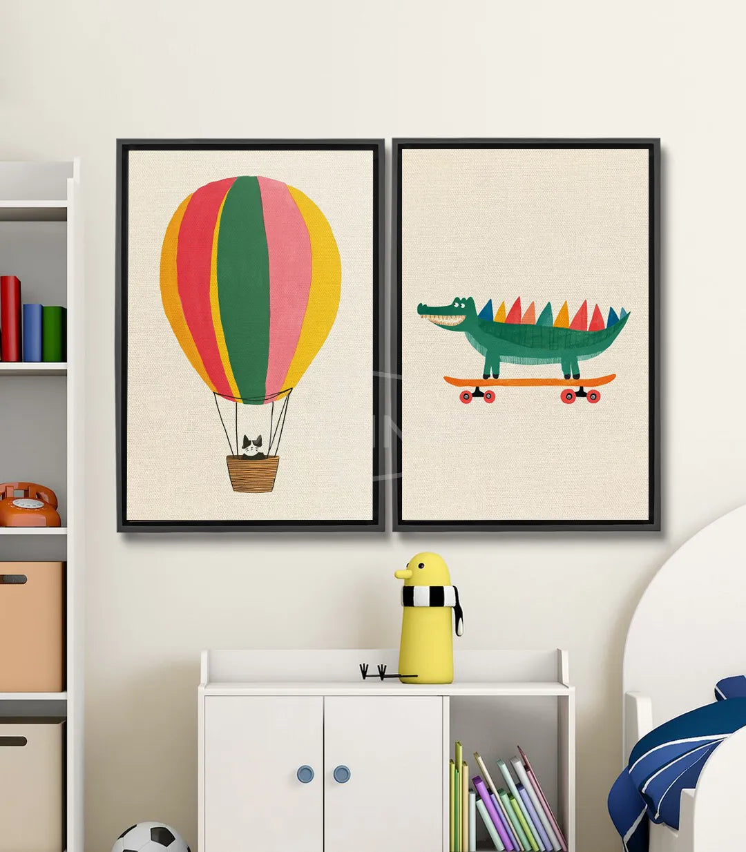 Cuadro globo aerostático ilustración infantil Massinart — colores suaves beige y verde