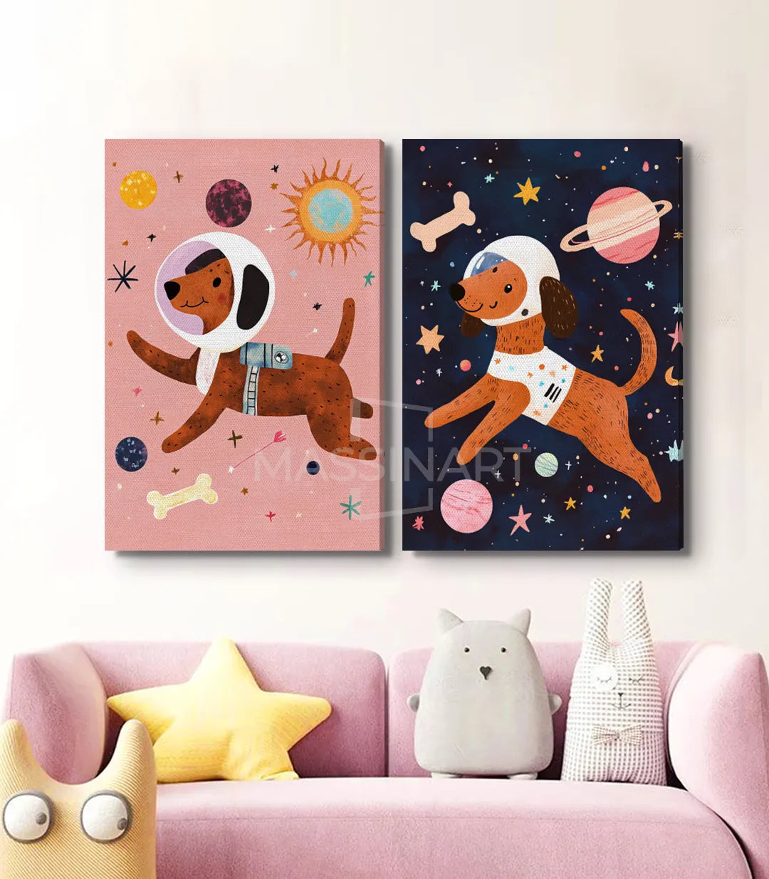 Decoración interior Astro Dogs díptico rosa empolvado azul noche infantil — Massinart